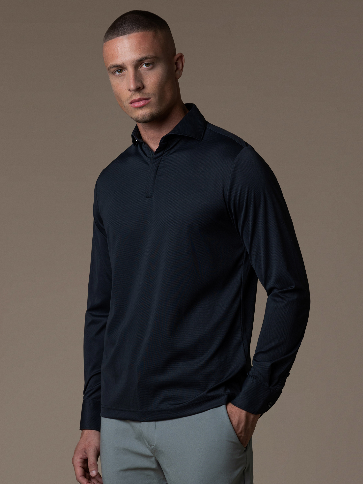 Tech Zipper Longsleeve Polo - Black