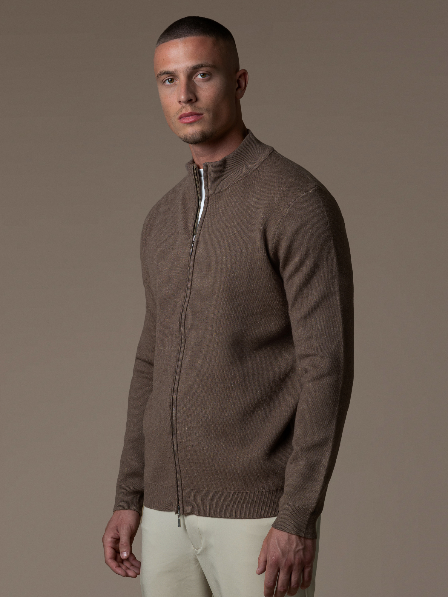 Knit Zip Cardigan - Brown